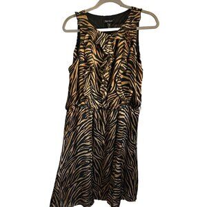 White House Black Market sz 12 silk brown animal print ruffle dress missing belt
